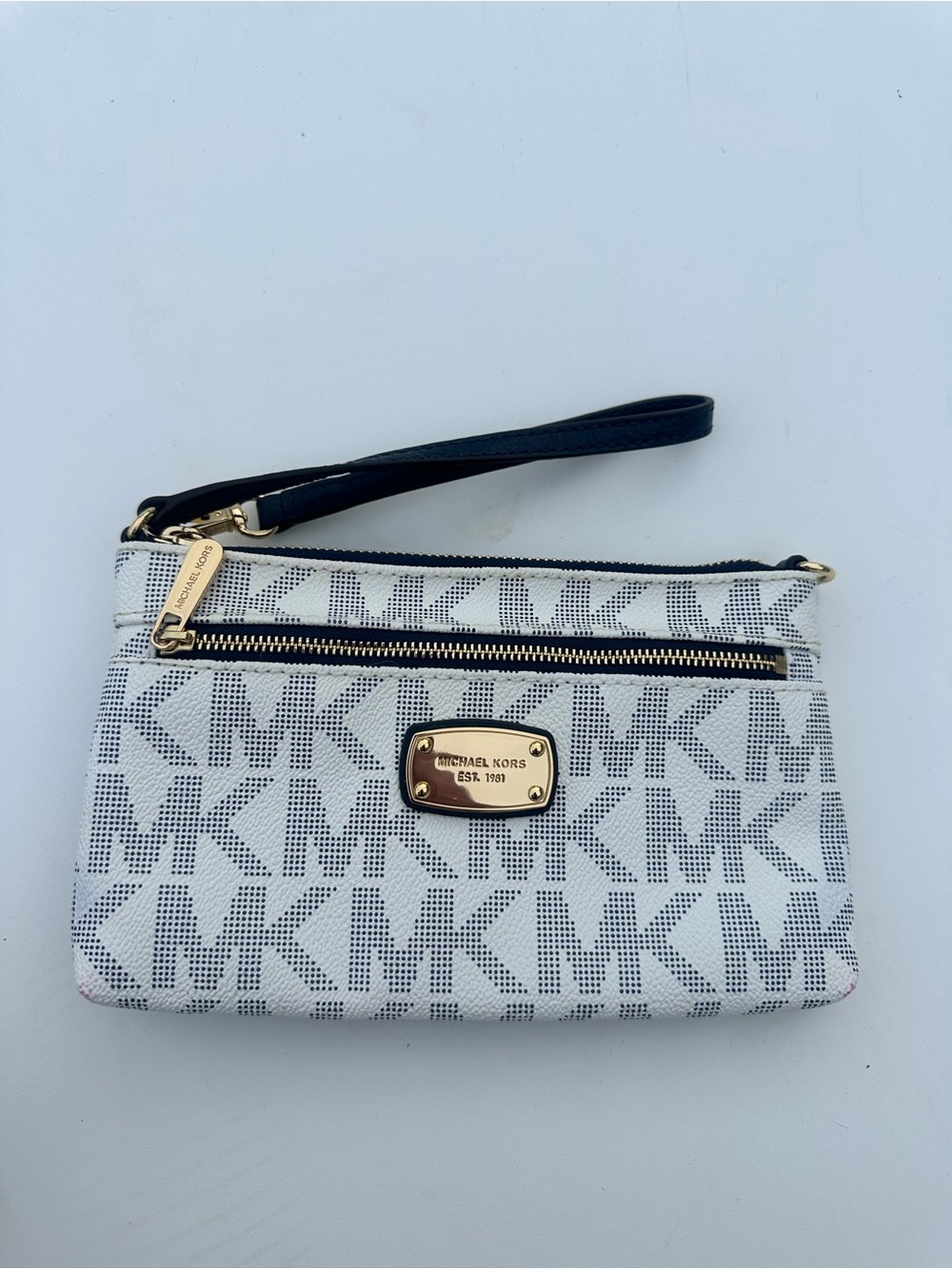 Michael Kors White and Black MK Logo Wristlet with Gold Hardware
